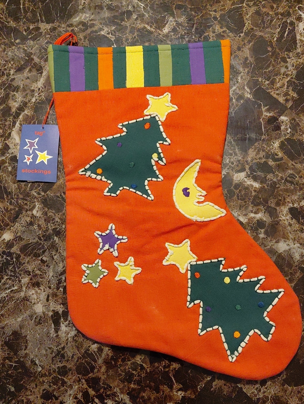 NOS 1993 Tag Stocking Hand-Stitched Folk-Art Aesthetic Christmas Stocking